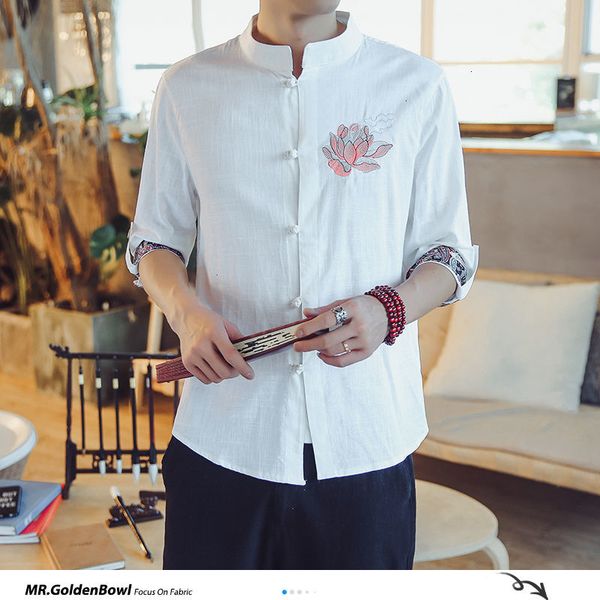 

men's casual shirts mrgoldenbowl man chinese style half sleeve large size loose embroidery cotton linen shirt male fashion, White;black