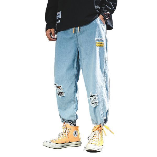 

new concise style color patchwork hole washing process fashion casual men's jogger denim nine pants harem jeans streetwear, Blue