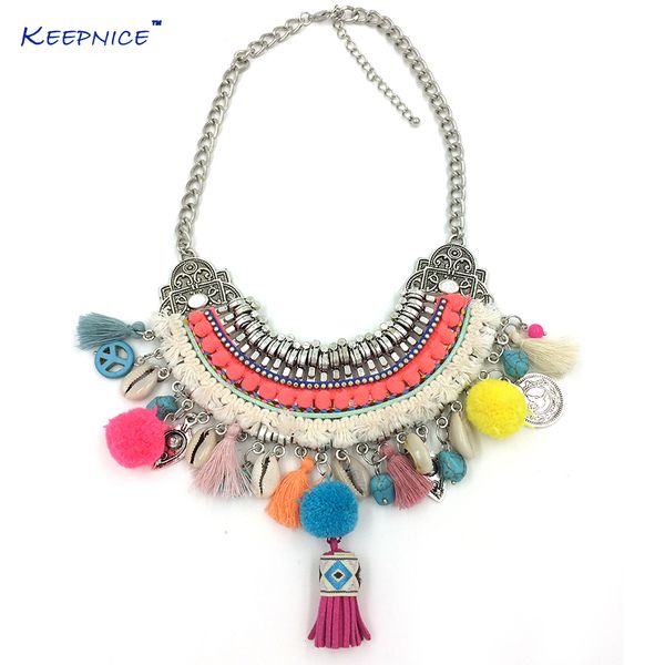 

new handmade bohemian boho choker necklaces harmony ball colorful pompoms pendants necklaces beaded charm beige necklace, Golden;silver