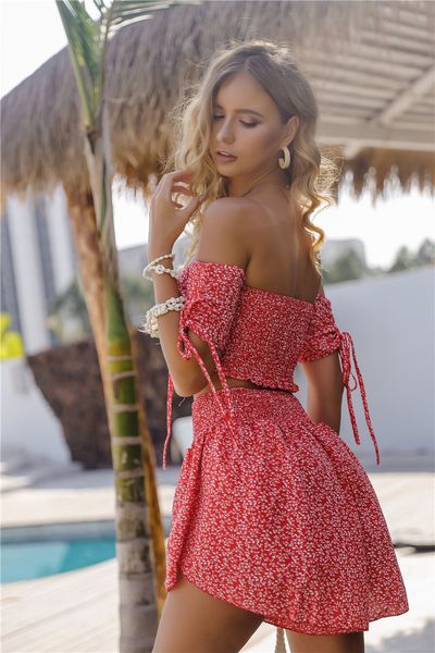

Women Holidays Two Piece Dress Summer Fashion Casual Vacation Beach Style Strapless Short-sleeved Pants Two-piece Dress Suit Size S-XL