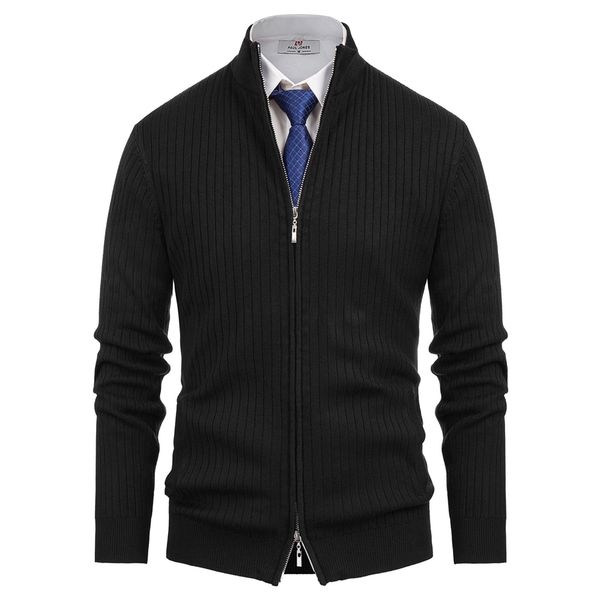 

business coat men solid color warm vintage stand collar zip-up knitted coat knitwear cardigan stylish long sleeve office jacket, Black;brown