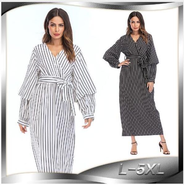 

new 2019 europe and america fashion dresses islamic women abayas muslim bow striped dress white black abaya plus size s- 5xl, Red
