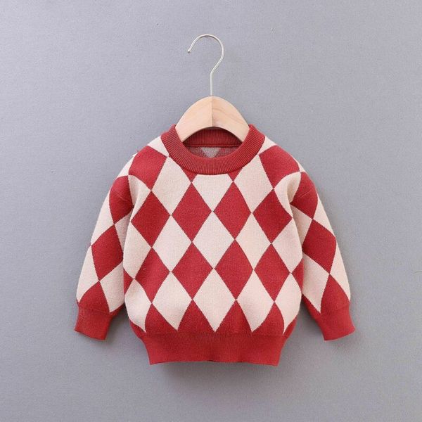 

2020 baby boys girls pullovers sweaters kids geometric clothes winter design children knitted sweater rhomb plaid thick warm top, Blue