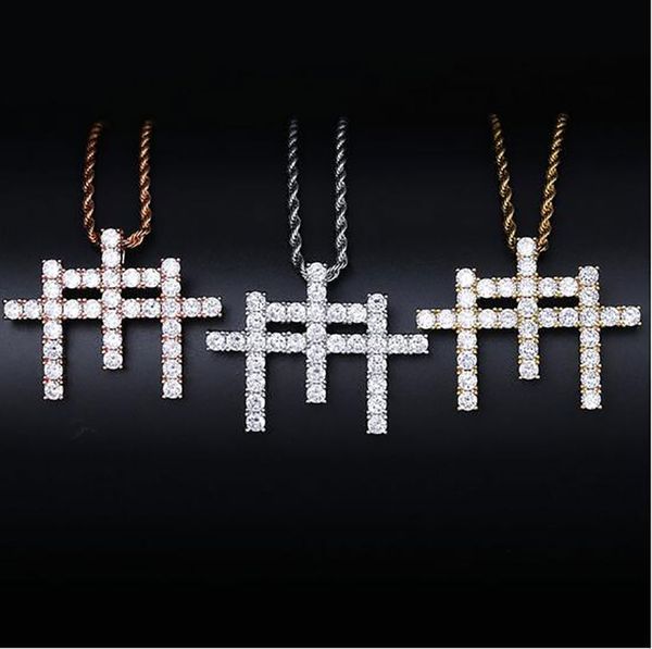 14K Gold INS Gunna Style M-förmige Kreuz-Anhänger-Halskette, Micro Pave-Kubikzirkonia-Diamanten, Bling-Bling-Anhänger mit 24-Zoll-Seilkette