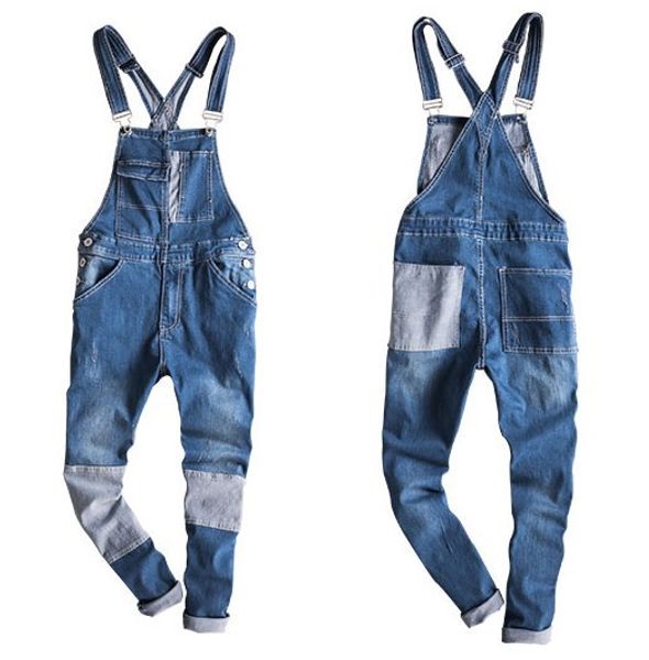 

japanese style mens retro moto biker denim overalls male slim fit strap jeans men suspender trouser one piece jumpsuit pockets, Blue