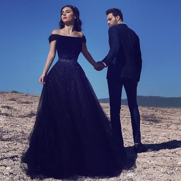 

new a-line evening dresses off shoulder navy blue sleeveless tulle floor length custom made prom dresses formal evening gowns lace up, Black;red