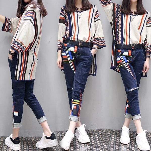 

s-6xl women's spring large size two-piece 2020 new fashion loose high waist printing set female high-end shirt + jeans two-piece, White