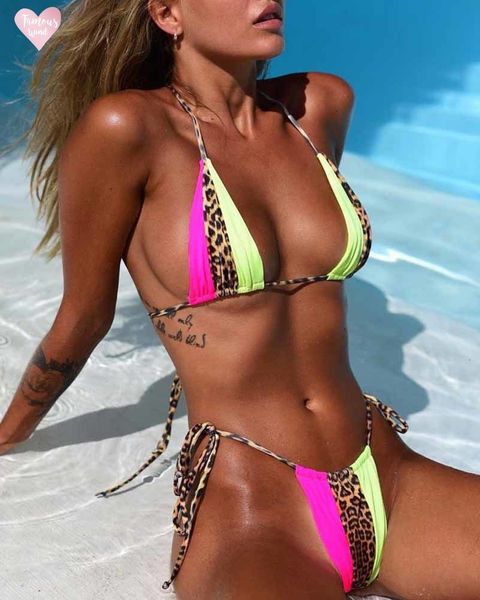 

leopard bikinis 2019 mujer biquini neon green string tie tiny bikini swimsuit thong push up micro bathers 3939, White;black