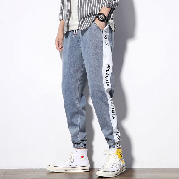 

autumn new jeans men fashion wash letter printing casual harlan denim trousers man streetwear loose jeans male clothes -5xl, Blue