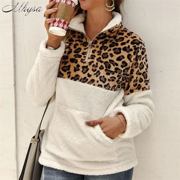 

mhysa 2019 new leopard hoodies sweatshirt women pocket warm casual winter women hoodie turtleneck pullover feminine itself mujer, Black