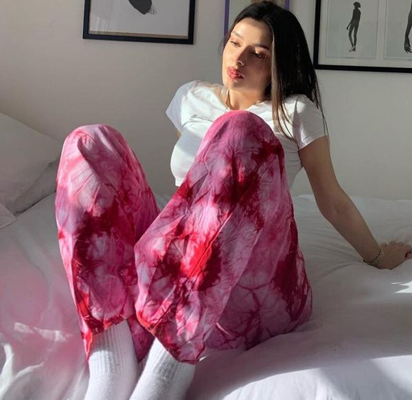 

women's new streetwear tie-dye printed high waist wide-leg pants straight pants, Black;white