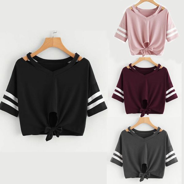 

crop women bottom women camisole 2019 summer short sleeve slim v neck striped patchwork roupas femininas sale, White