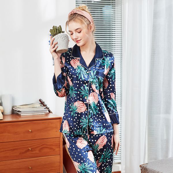 

new pajamas for women imitation silk satin printing pattern sleepwear long sleeve trouser two piece nightwear suits, Blue;gray