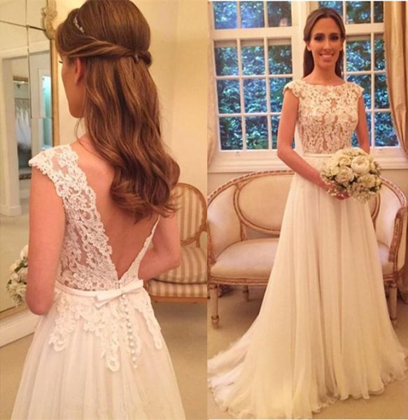 

горячая продажа 2019 элегантный scoop шеи тюль линию свадебные платья платье de casamento часовня поезд аппликации свадебные свадебные плать, White