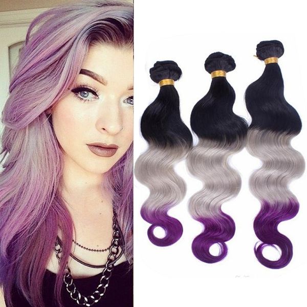 1b Grey Purple Ombre Body Wave Brazilian Human Hair Bundles Deals Black Grey To Purple 3tone Ombre Human Hair Weave Wefts 10 30 Weft Hair Extensions