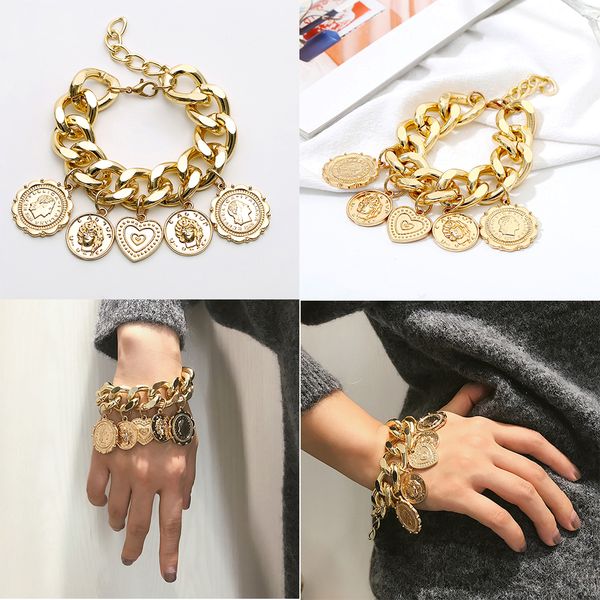 

big gold bracket punk chain coins retro jewelry female personality relief portrait geometric bracelets hiphop 2019, Black