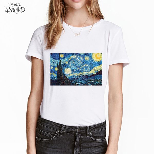 

women short sleeve casual van gogh art oil painting the starry night t shirt summer tee, White