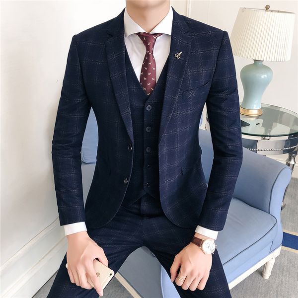 

2019 high-end formal dress male suit 3 piece set wine red, navy blue, fashion business men leisure suits slim fit plaid suit man, White;black