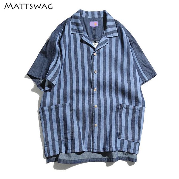

MATTSWAG Stripe Patchwork Men Denim Shirts Button Pocket Short Sleeve Shirt for Men Casual Loose Cowboy Shirt Japanese Style, White;black