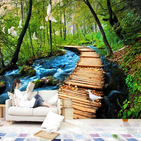 

3d wall murals wallpaper chinese natural landscape wooden bridge forest bedding room sofa backdrop customized p wallpapers
