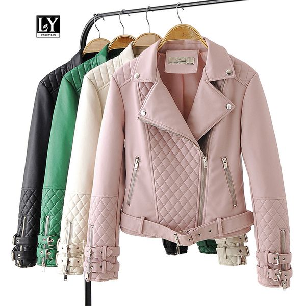 

ly varey lin women soft faux leather jackets motorcyle zippers white biker coats pu leather turndown collar jacket with belt, Black