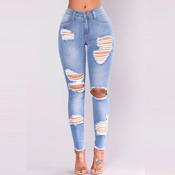 

drop shipping casual long jeans women high waist skinny pencil blue denim pants ripped hole cropped slim fit skinny jeans women