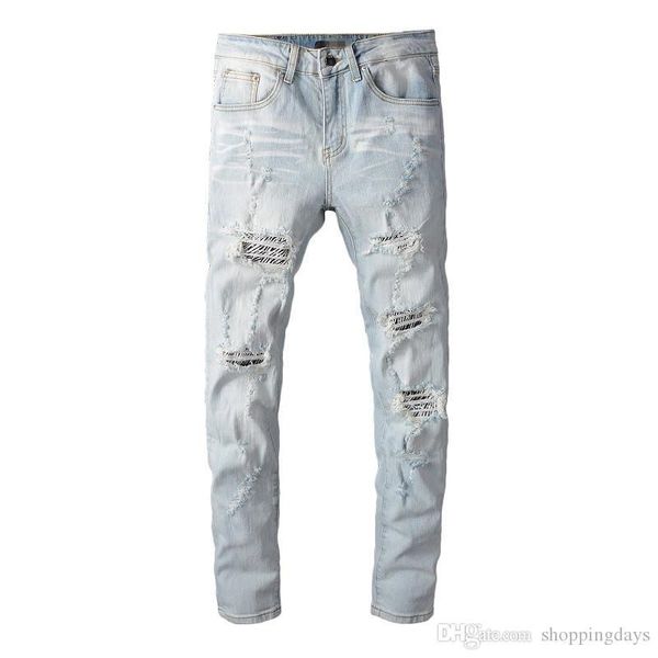 

конструктор мужские джинсы проблемные ripped байкер slim fit motorcycle biker denim для мужчин hip hop узкие джинсы, Blue