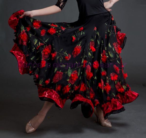

ballroom dance costumes senior embroidery flowers ballroom dance long skirt for women competition skirts, Black;red