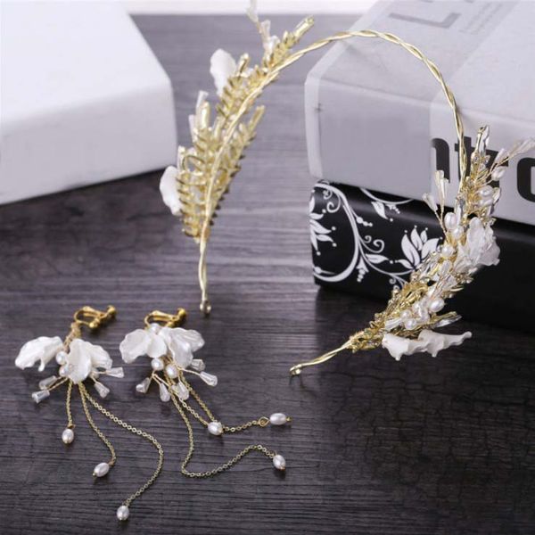 

gold white hair band wedding hair accessories for women girls headband ornaments headpiece crown jewelry with earrings, Golden;white