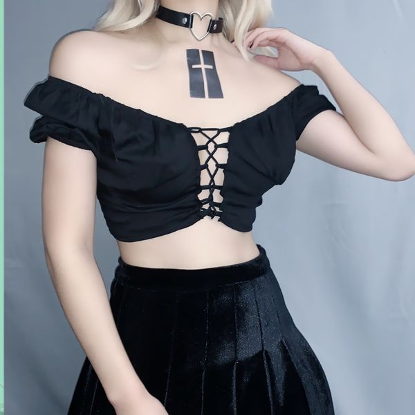 

2020 summer vintage gothic blouses women punk street style bandage cross off shoulder shirt black lace up crop female, White