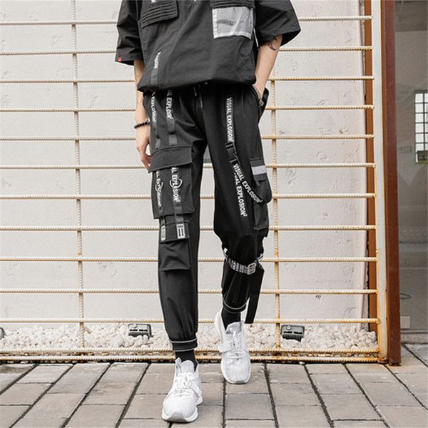 

ribbons hip hop pants men cargo pants men joggers streetwear 2019 autumn winter fashion elastic waist harem sweatpants, Black