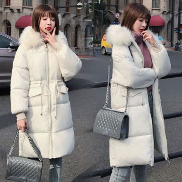 

solid fur hooded long down coats women winter thick long sleeve lace up warm cotton coats female casual windproof wild down coat, Black