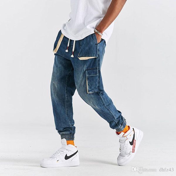 

japanese vintage fashion men jeans retro blue loose fit multi pockets cargo pants street hip hop jeans men joggers harem pants