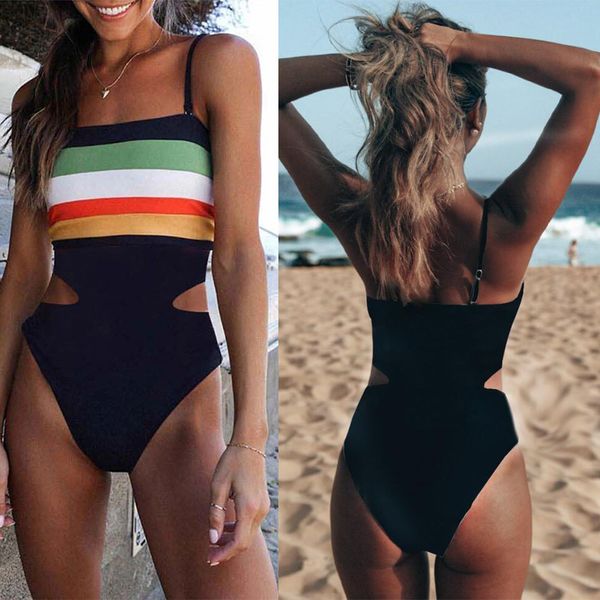 

2020 spring and summer burst models hit the color striped suspenders piece swimsuit beach swimwear female, White;black