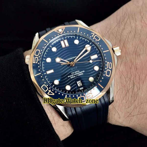 New Diver 300m Data 210.22.42.20.03.002 Azul Ripple Dial Mens Automatic Watch Two Tone Rose Gold Aço Caso Pulseira Strap Relógios