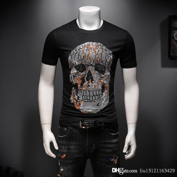 

2020 summer new men's craft rhinestone round neck short sleeve t-shirt slim wild half-sleeved bottoming shirt t-shirt tide size m-3xl, White;black