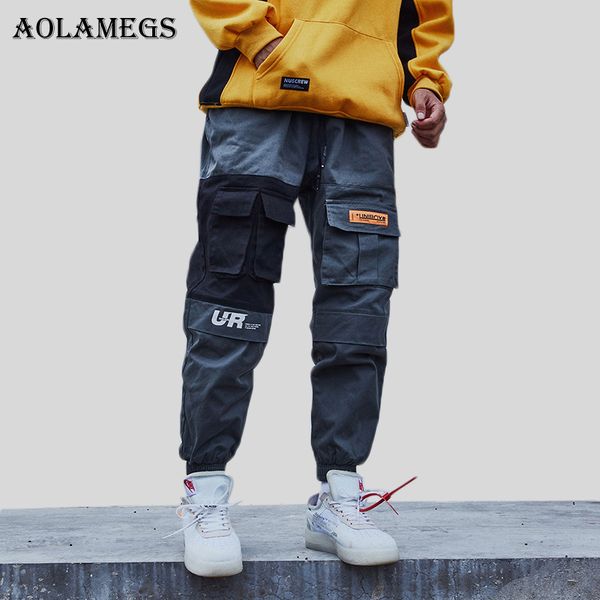 

aolamegs cargo pants men block patchwork track pants high street hip hop multi-pockets joggers trousers sweatpants streetwear, Black