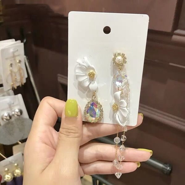 

mengjiqiao korean new style metal white flower asymmetric long drop earrings for women fashion crystal tassel oorbellen jewelry, Silver