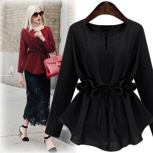 

european and american new round neck long sleeve cotton and linen large women's show thin close waisted pullover t-shirt bottom, Black