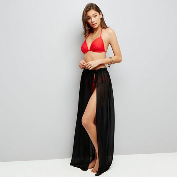 

sheer one layer chiffon skirt black tie see through maxi skirt a line floor length slit beach overskirt bikini overlay