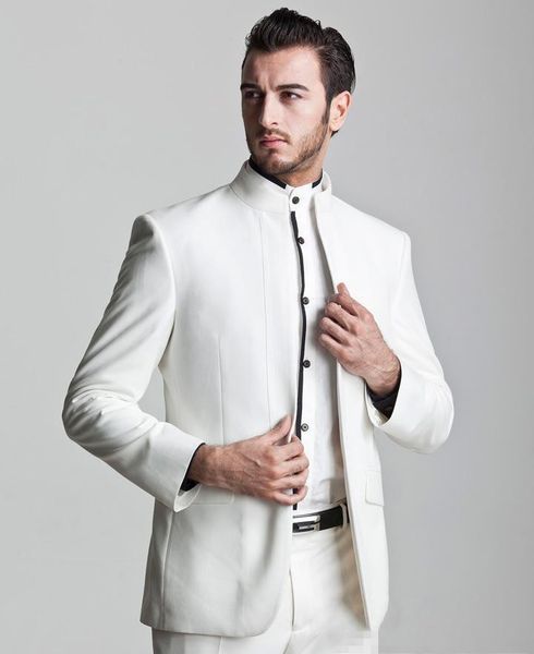 

2015 new style ivory groom tuxedos mandarin lapel groomsmen men wedding groom wear suit ( jacket+pants+tie, White;black