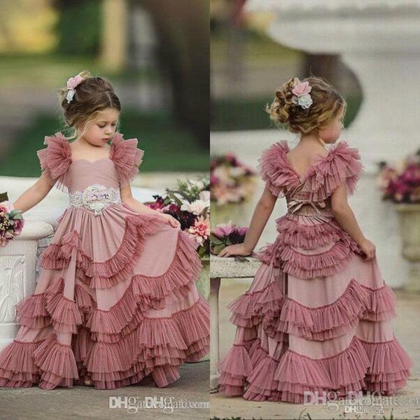 

bohemian flower girls' dresses for wedding 2018 lace applique ruffles kids formal wear sleeveless long beach girl' pageant gowns, White;blue