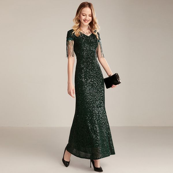 

women's elegant runway dresses v neck tassels sleeves sequined fasshion maxi long prom dresses, Black