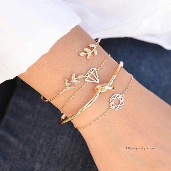 

4 pcs/ set bohemian leaves gem knot round chain opening gold bracelet set women fashion party wedding clothing jewelry gift, Golden;silver