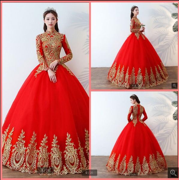 

2019 robe де mariage бального платье золота кружева аппликация свадебное платье марочное длинный рукав высокого декольте скромные мусульманк, White