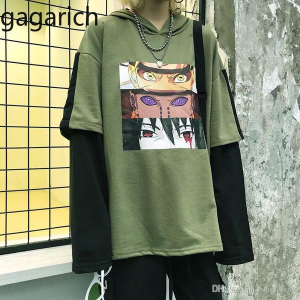 

gagarich women hoodies 2019 korean version harajuku comic book print patchwork fake two sweatshirt, Black