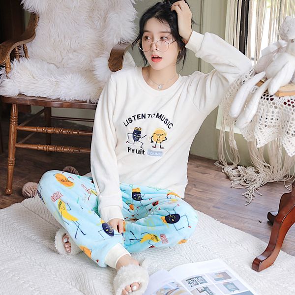 

pajamas women thickening coral fleece sweet embrodery flannel leisure wear ladies loose cartoon cute pajamas 2pcs set pijama pjs, Blue;gray