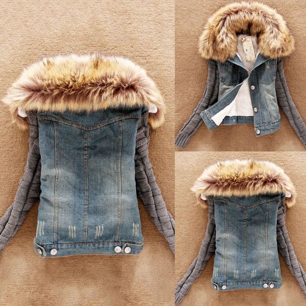 

women jean winter coat faux fur lining collar autumn hooded parka jacket, Tan;black