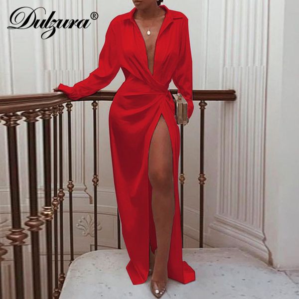 

dulzura satin midi wrap shirt dress long sleeve high slit bandage party 2019 autumn winter clothes festival dinner outfit, Black;gray