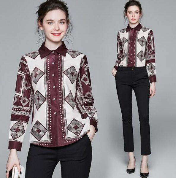 

spring new printed long sleeve lapel temperament slim shirt, White
